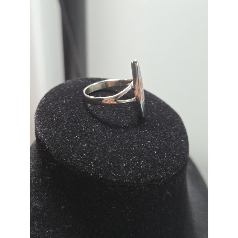 Vintage Native American Crushed Coral & Turqouise Inlay Ring Size US 7.25 - Picture 4 of 6